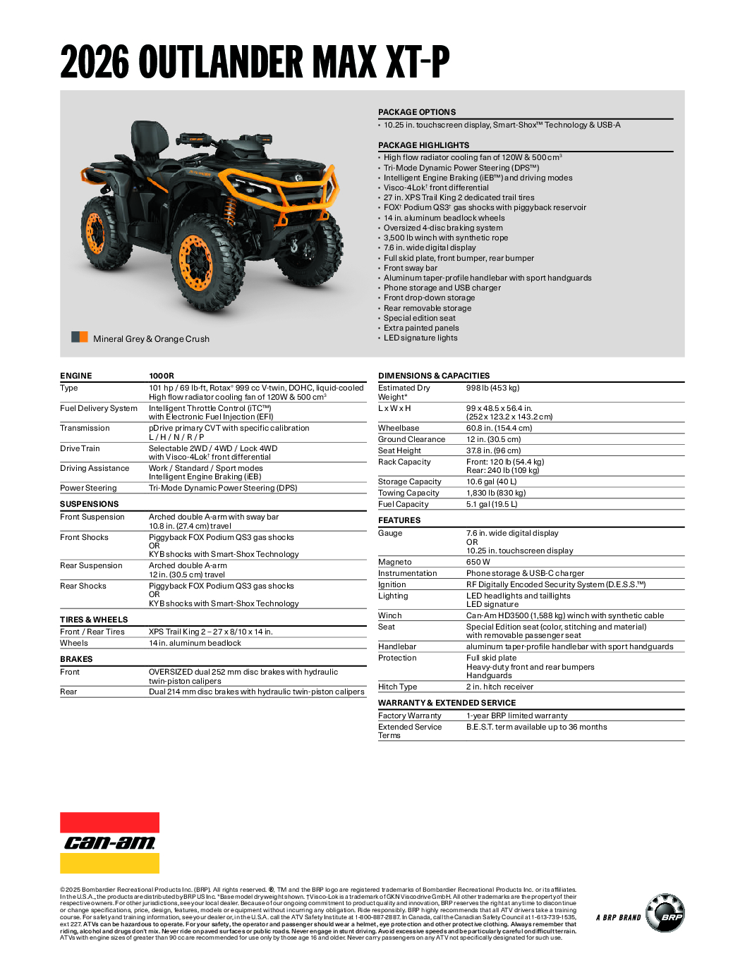 Can-Am Outlander MAX XTP 1000R 2026 T3B Tech Package