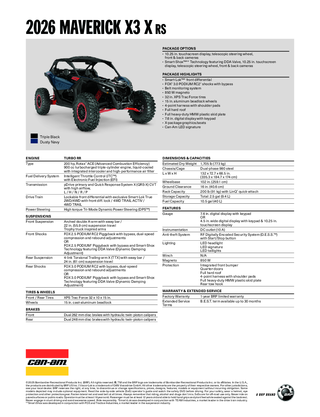 CAN AM MAVERICK X RS SAS TURBO RR DUSTY NAVY SATIN INT (7TTH) 2026